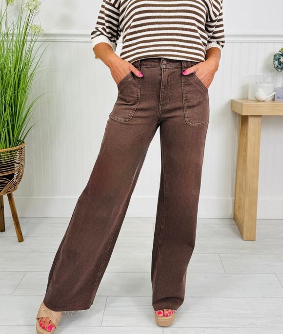 Judy Blue Denim - Judy Blue Box of Chocolates Retro Wide Jeans High Rise Brown Size 0/24 Stretch